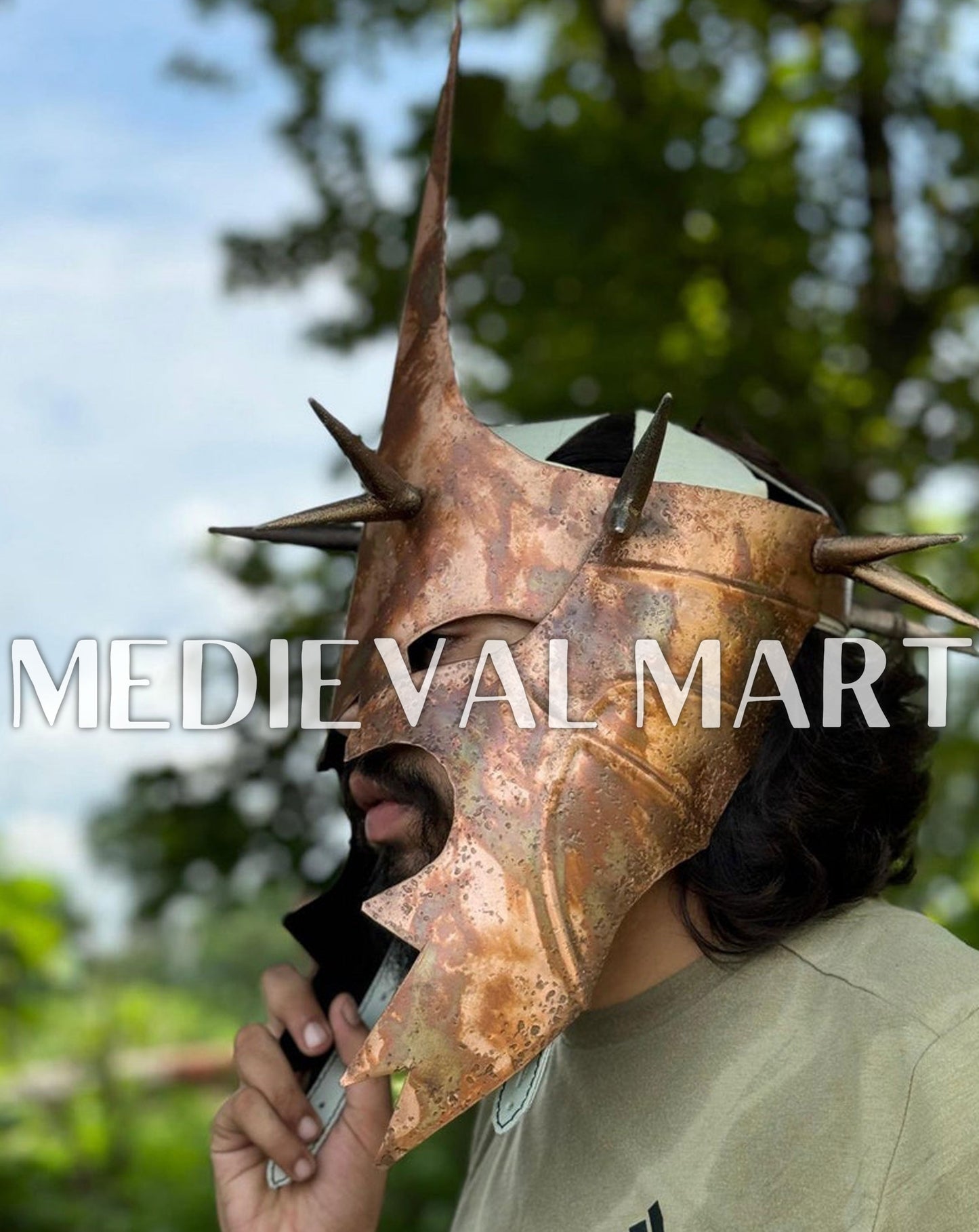 MEDIEVALMART Antique Bronze Finish Nazgul Helmet W/H Free Stand | LOTR Props