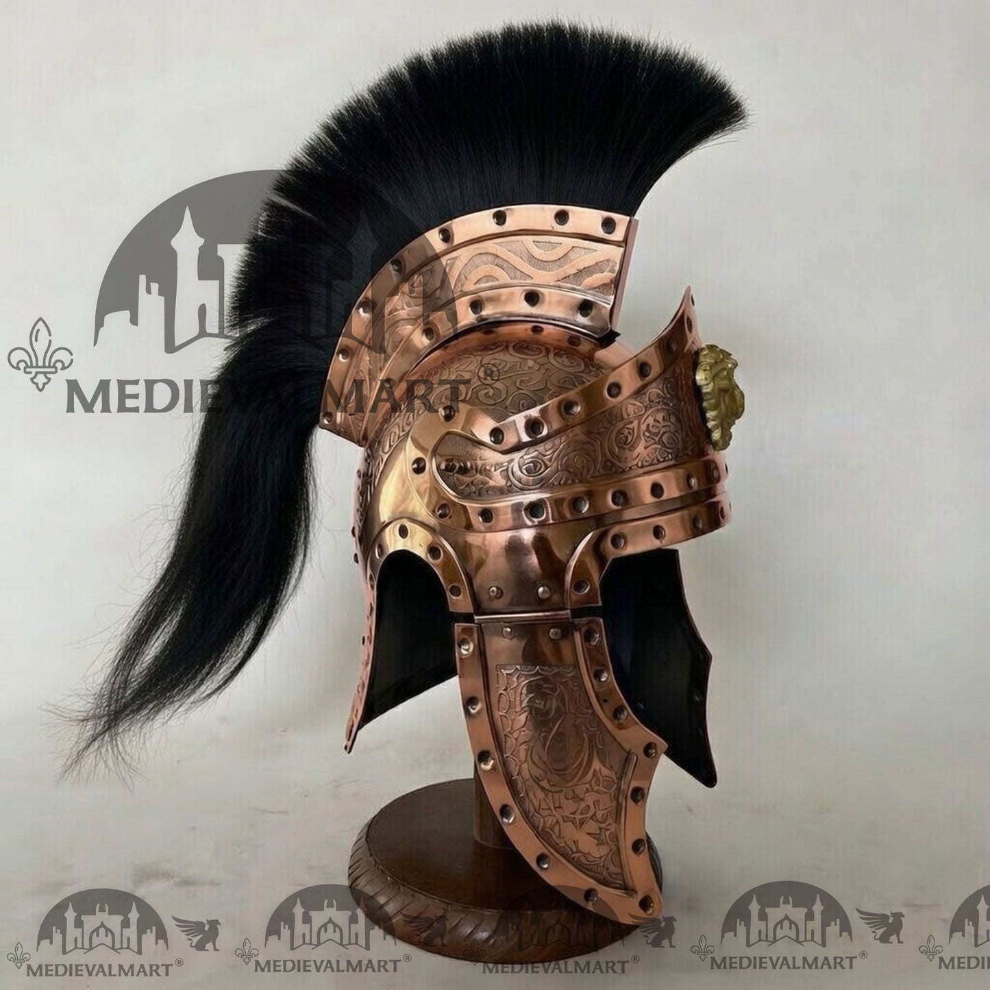 MEDIEVALMART Medieval Roman Centurion Copper Finish Helmet with Black Plume or Free Wooden Stand