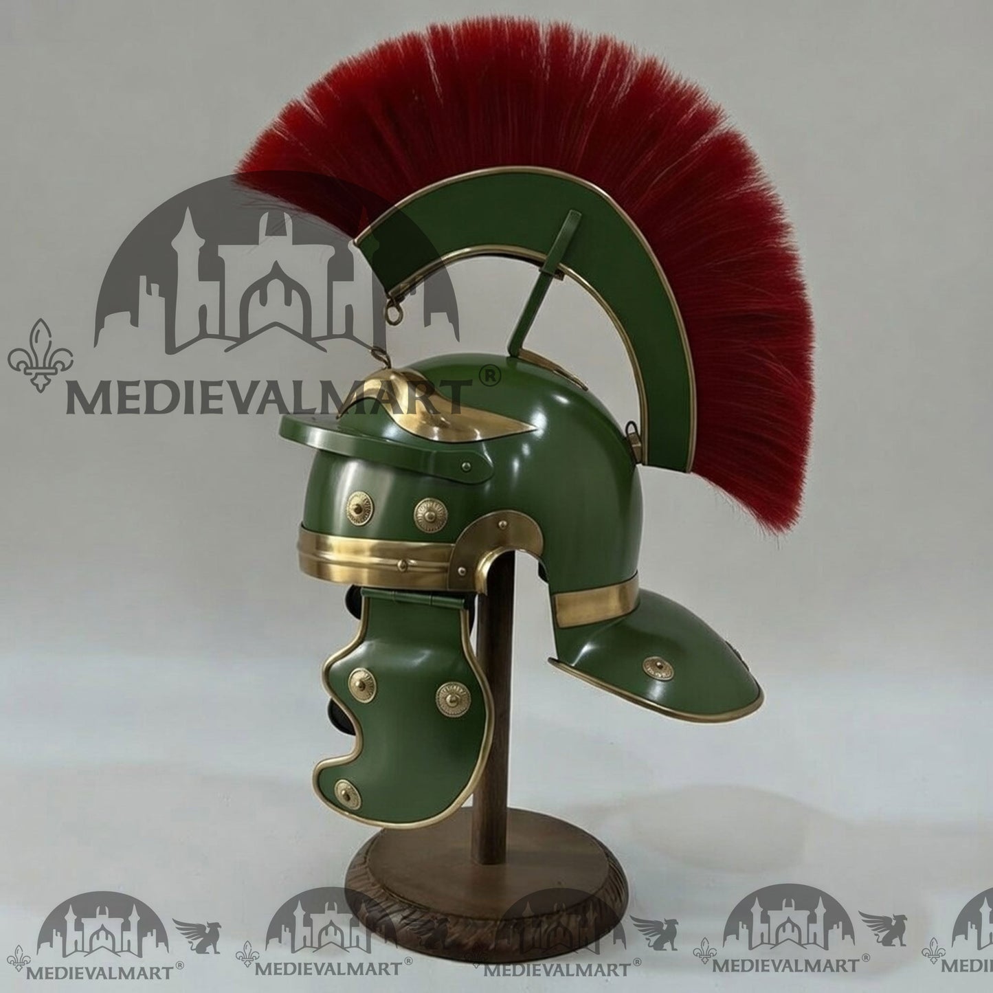 MEDIEVALMART Gallic Roman Centurion Jade Green Finish Helmet Replica Red Plume with Free Stand