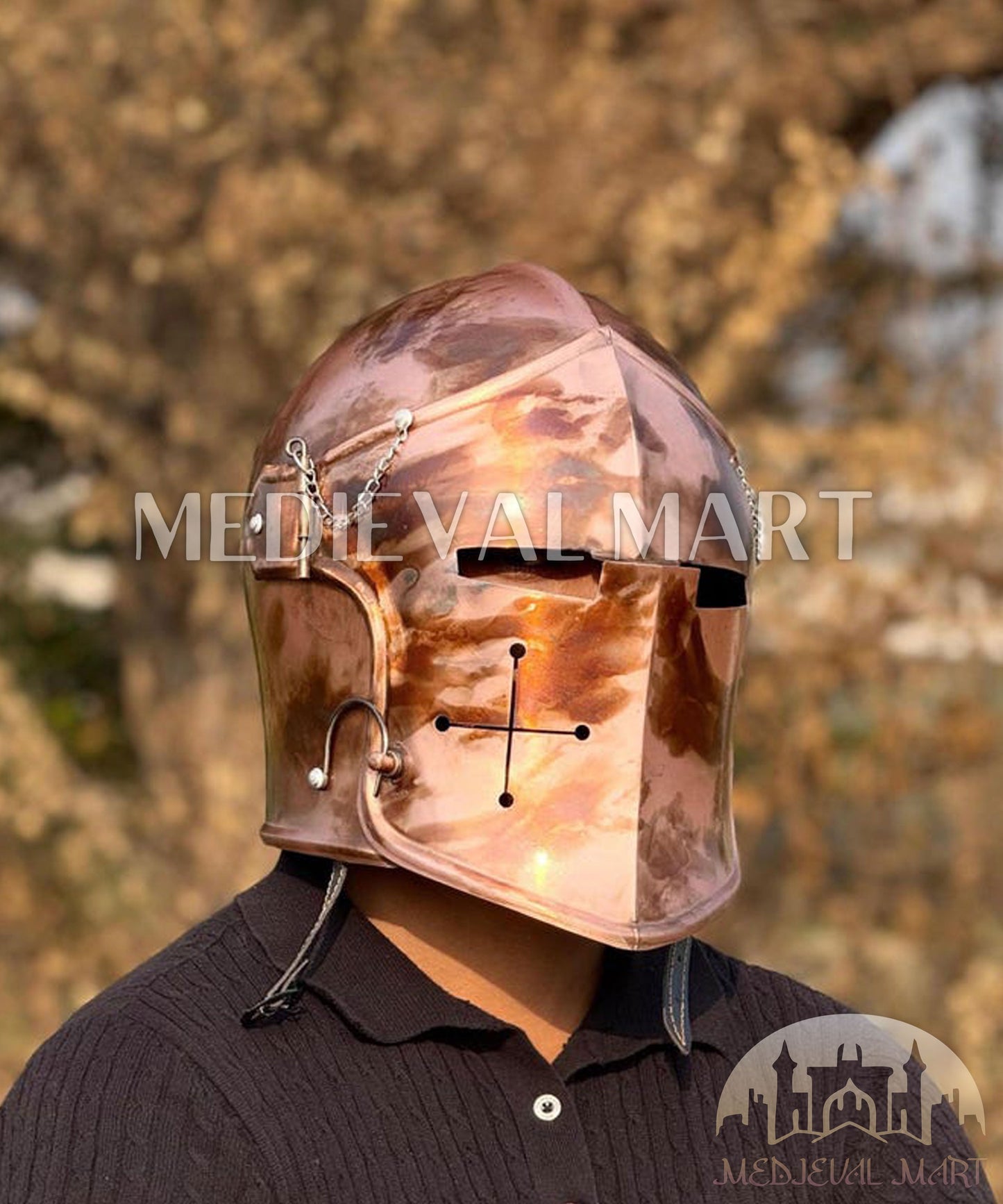 MEDIEVALMART Medieval Knight Armor 18g Mild Steel Copper Commando Barbuta Helmet for LARP or Cosplay - Gift For Dad