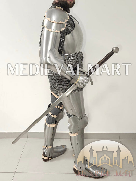 MEDIEVALMART 14th-Century Authentic Combat Full Plate Armor W/H Sword & Chainmail Inner