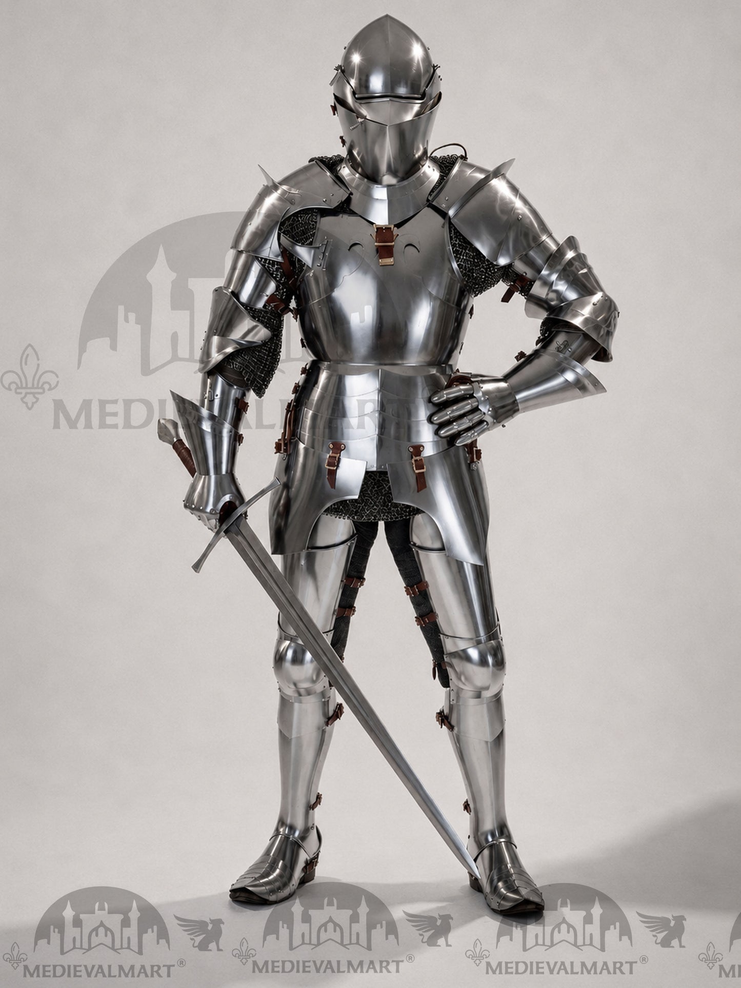 MEDIEVALMART 14th-Cen European English Hardend Steel Plate Armor Buff Polish W/H Houndskull Closed Bascinet