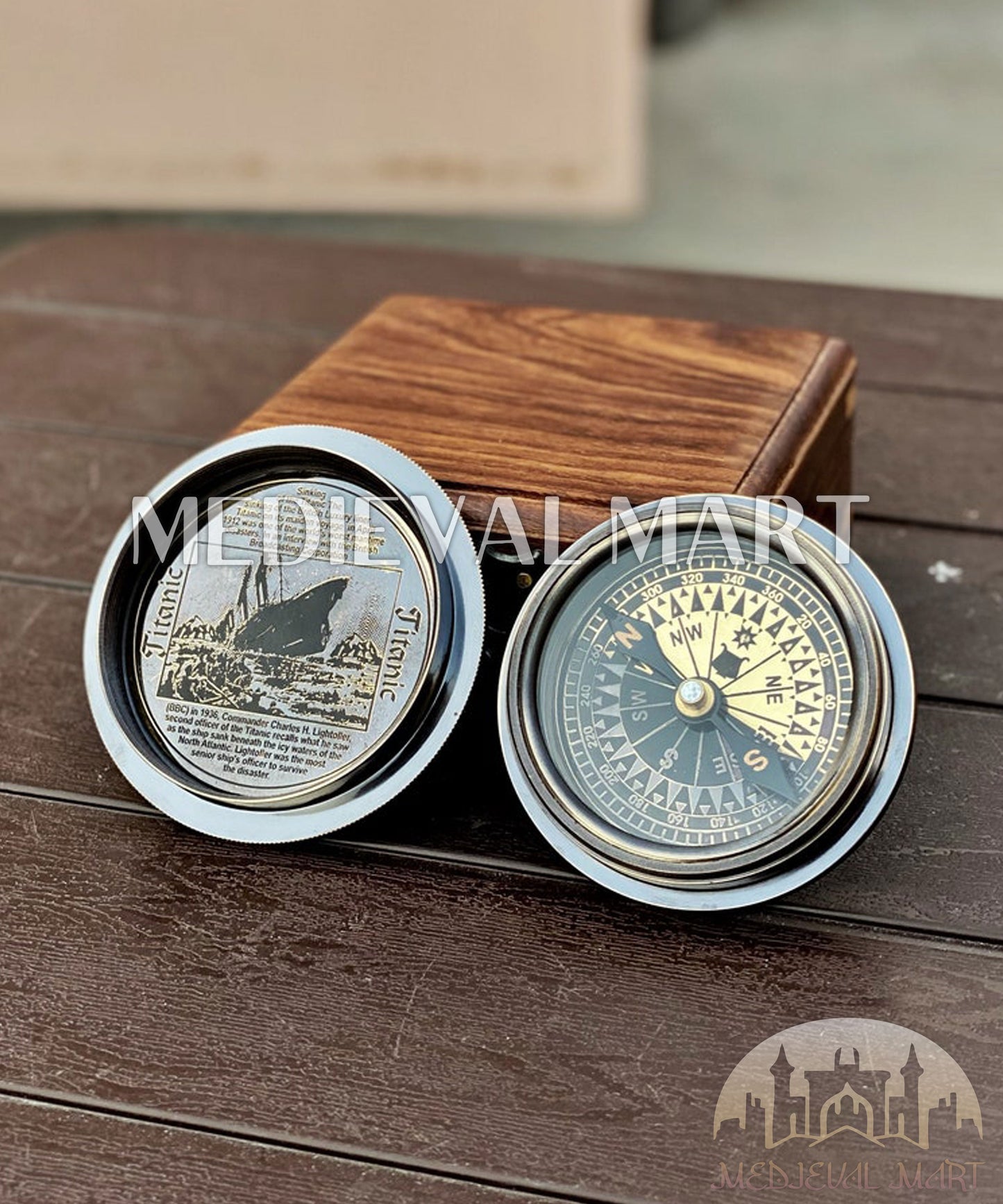 MEDIEVALMART Personal Engrave Titanic Pirates Compass Antique Finish W/H GEN-1 Wooden Case | Gift for Dad