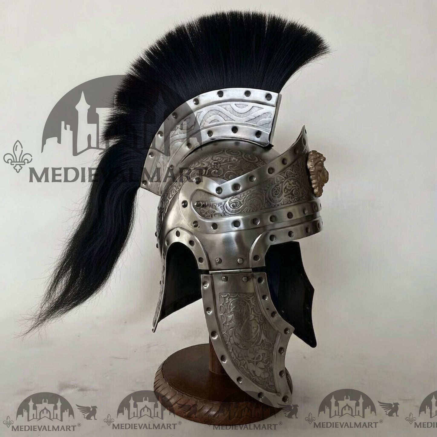 MEDIEVALMART Medieval Roman Centurion Silver Finish Helmet with Black Plume or Free Wooden Stand