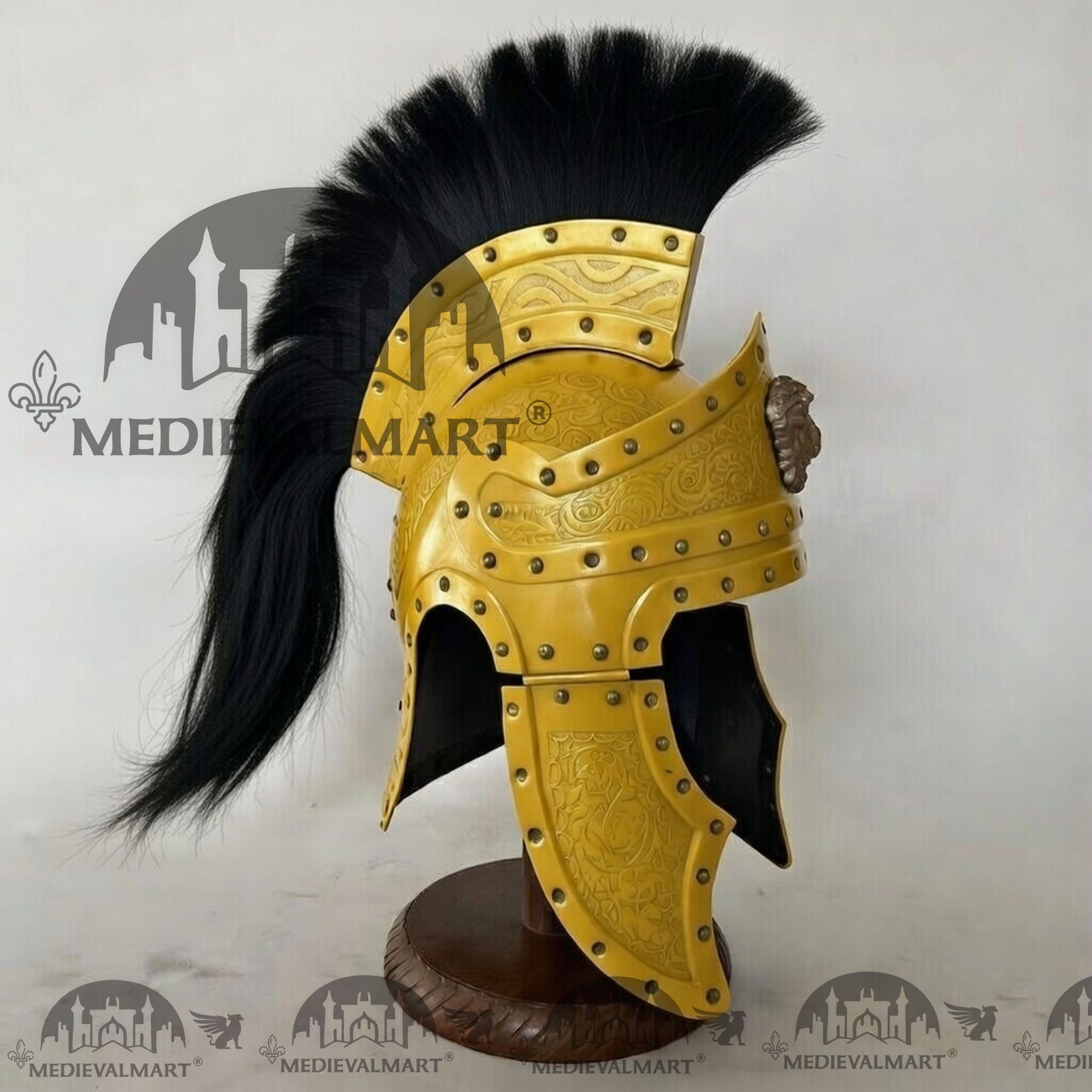 MEDIEVALMART Medieval Roman Centurion Yellow Finish Helmet with Black Plume or Free Wooden Stand