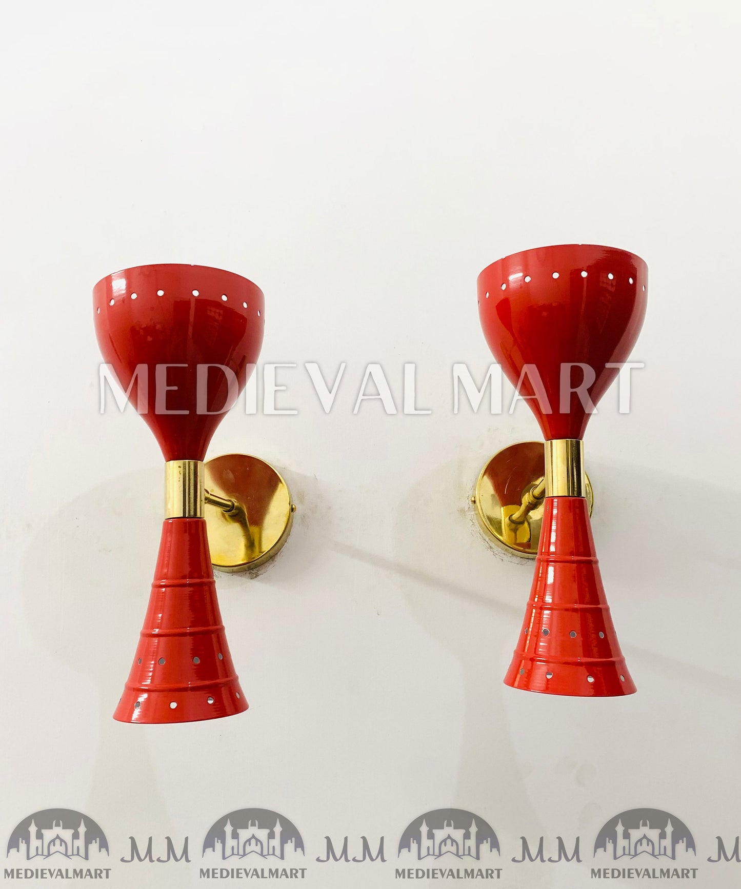 MEDIEVALMART Mid Century Brass Diabolo Wall Sconce Pair: Italian Stilnovo Style