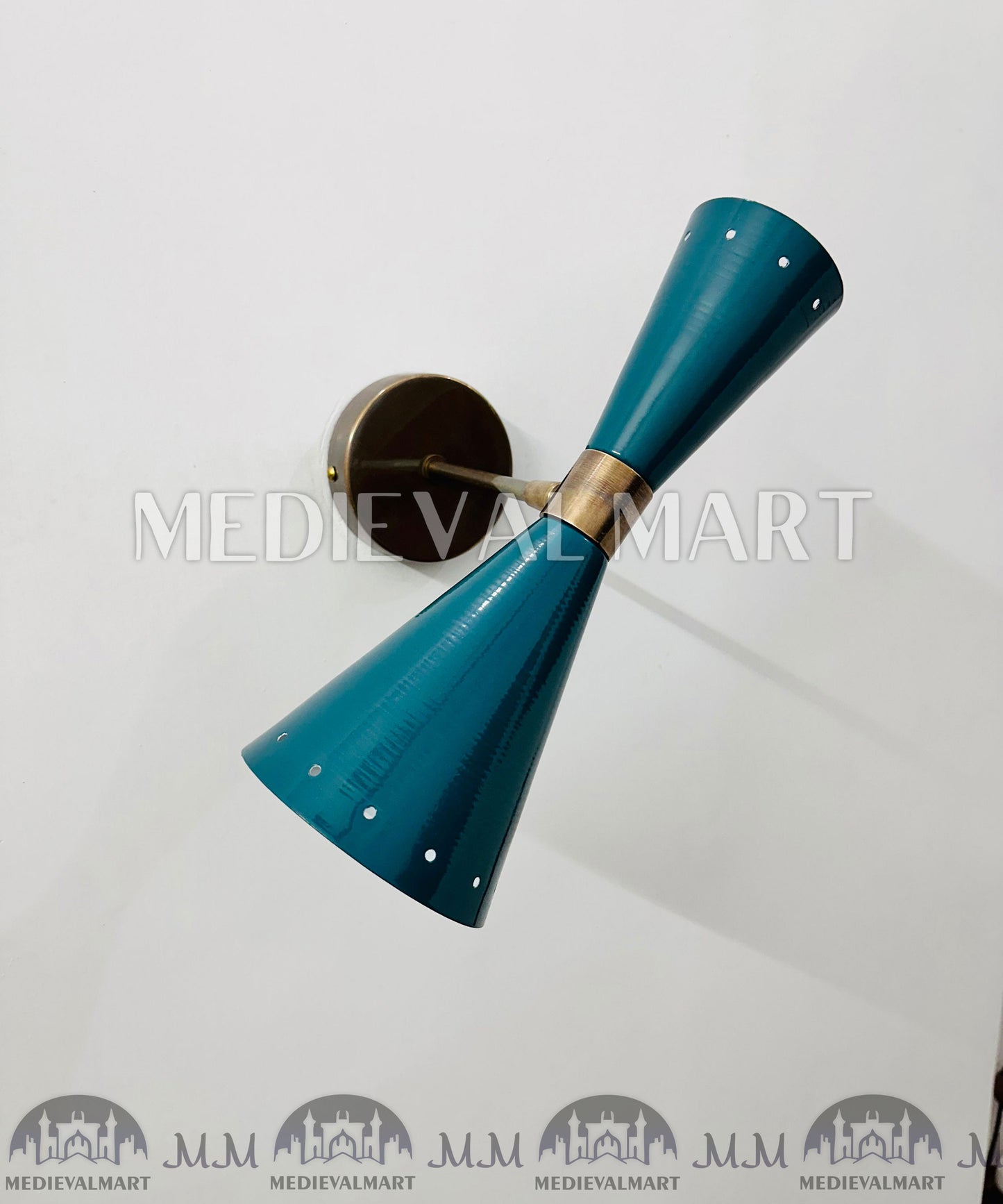 MEDIEVALMART Turquoise Brass Wall Sconce: Mid Century Italian Stilnovo Lighting