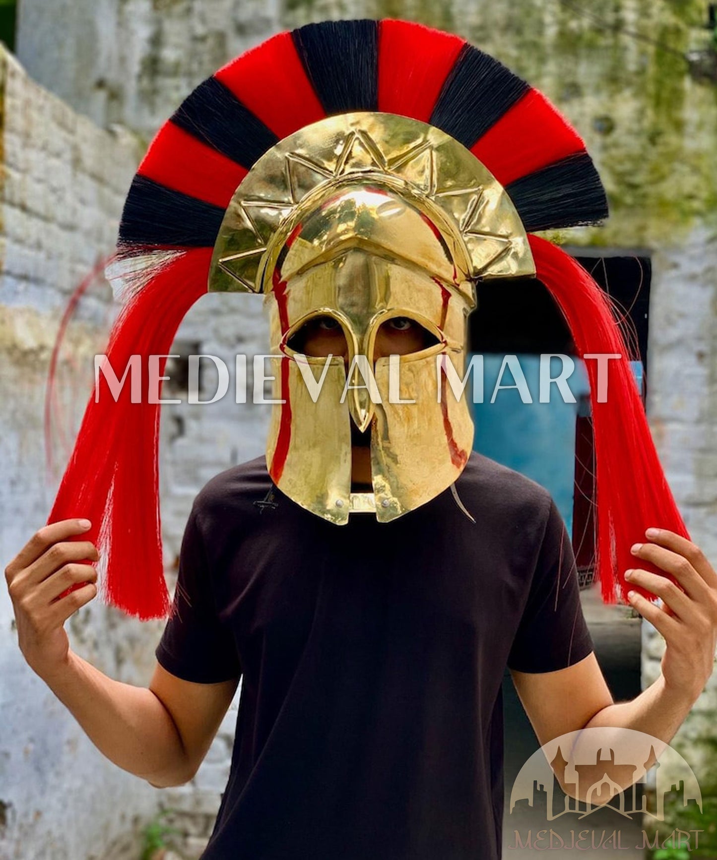 MEDIEVALMART "7th Cen BCE" Greek Corinthian Gold Finish Full Size Royal Helmet W/H Plume or Free Stand | Greek Props