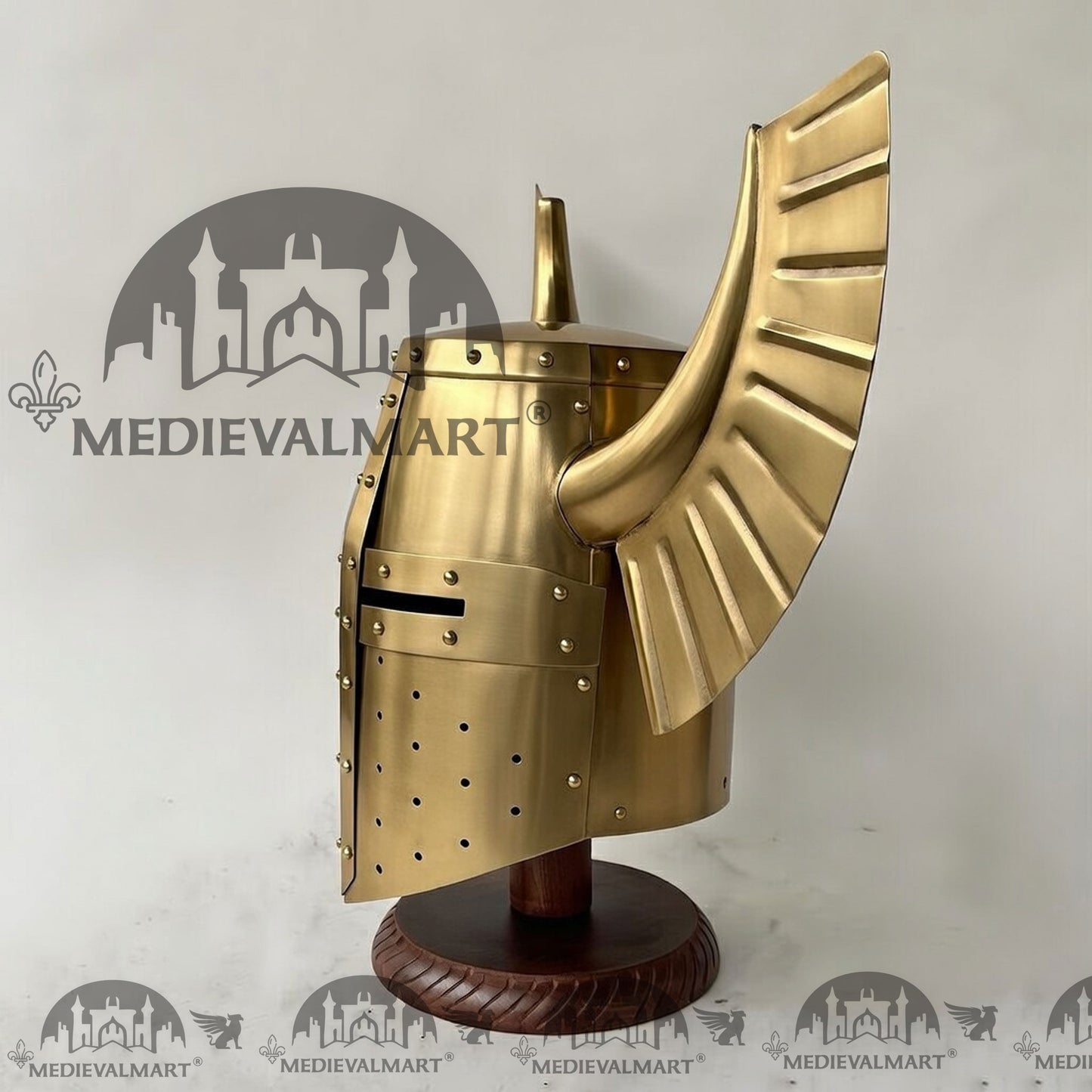 MEDIEVALMART Medieval Templar Warrior Teutonic Wing Helmet Gold Finish with Free Stand