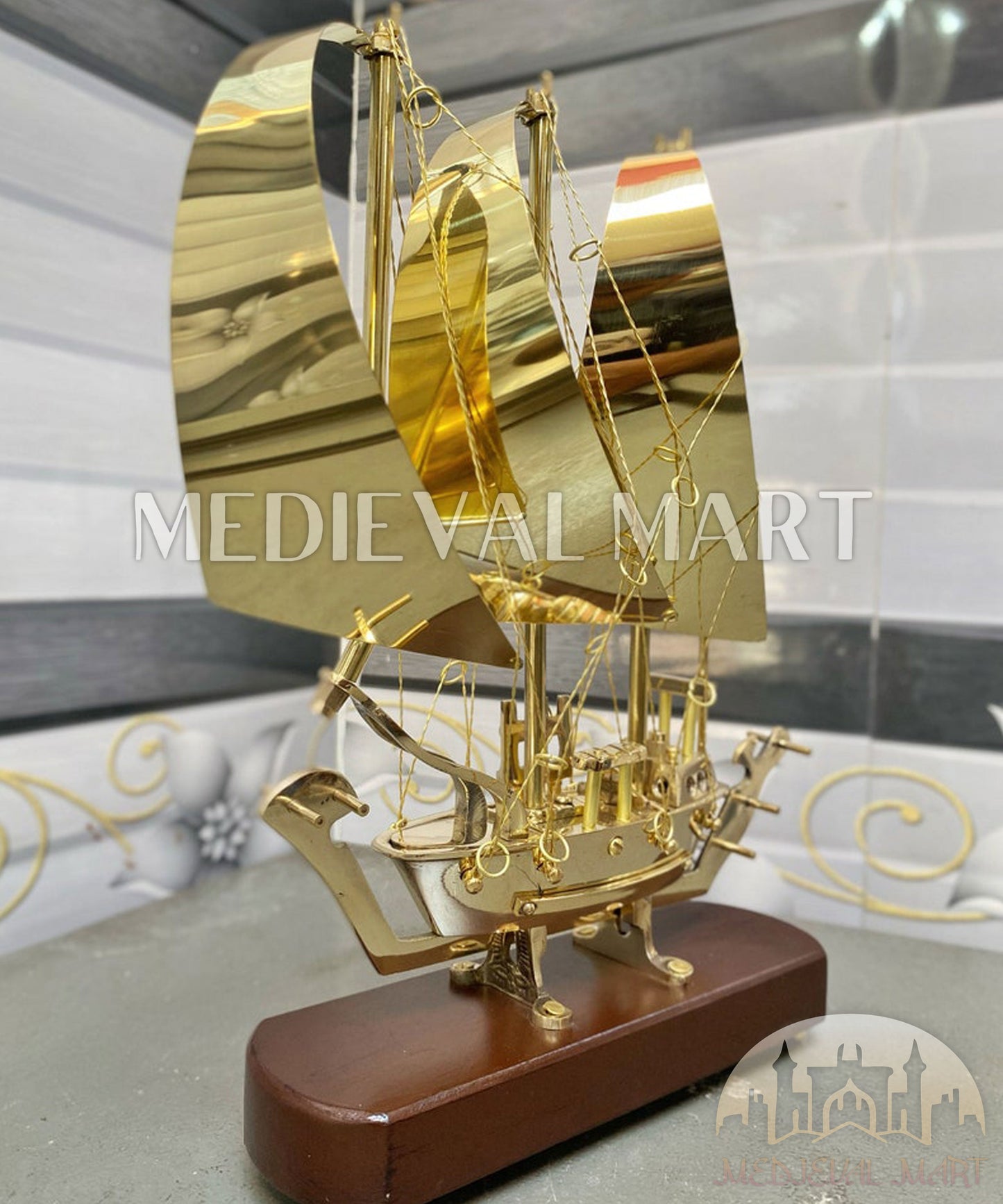 MEDIEVALMART Brass Decorative Ship W/H Wooden Base | Fully Brass Maritime Majesty Handcrafted Ship, Christmas Gifts