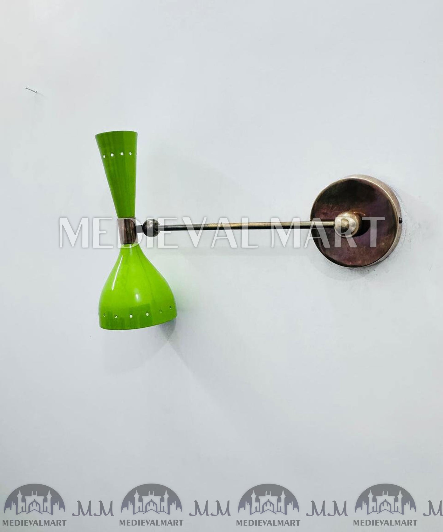MEDIEVALMART 1950s Italian Diabolo Wall Sconce: Mid-Century Olive Green Brass Light