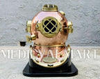 MEDIEVALMART Nautical Rose Gold Finish Diving Helmet With Wooden Base