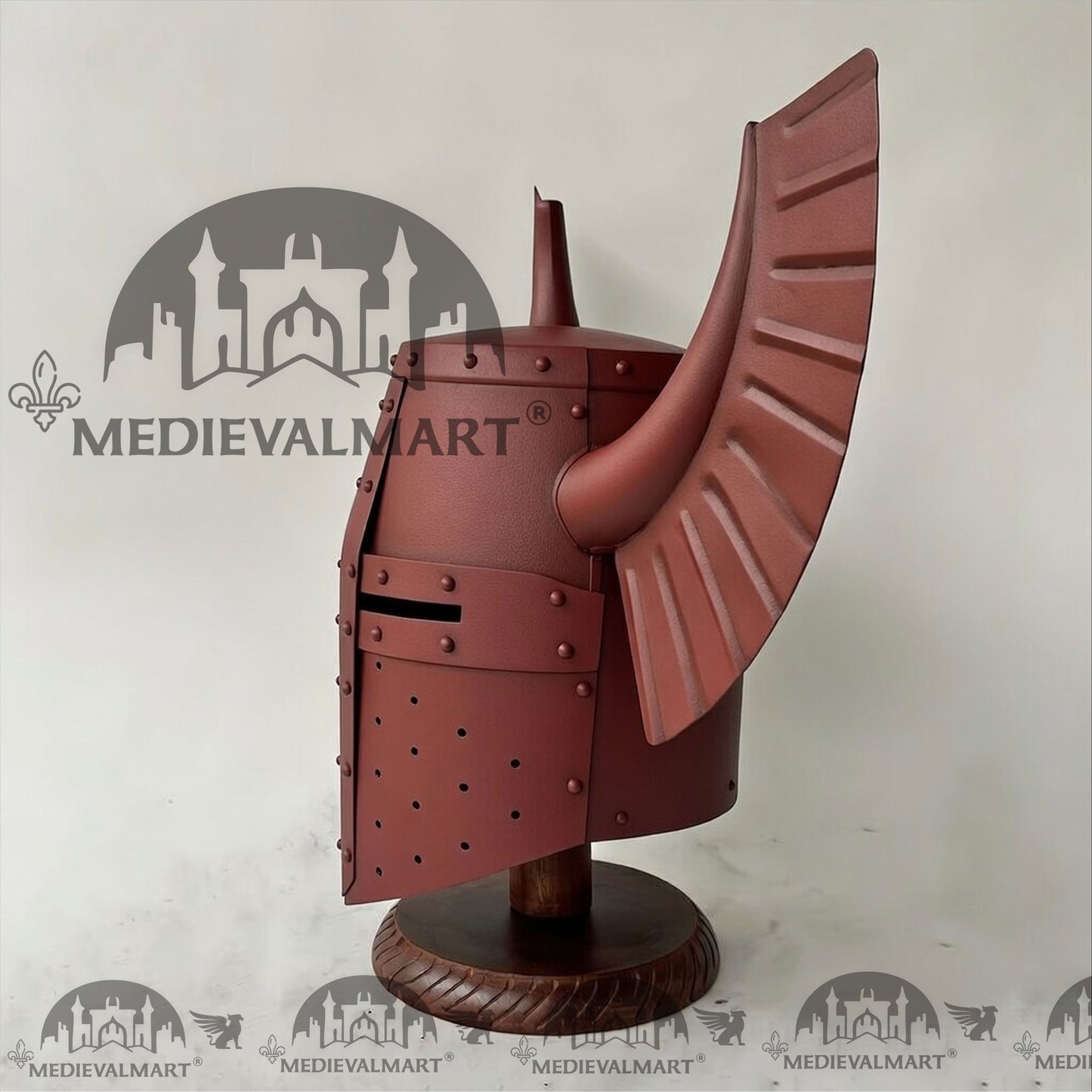 MEDIEVALMART Medieval Templar Warrior Teutonic Antique Red Finish Wing Helmet with Free Stand