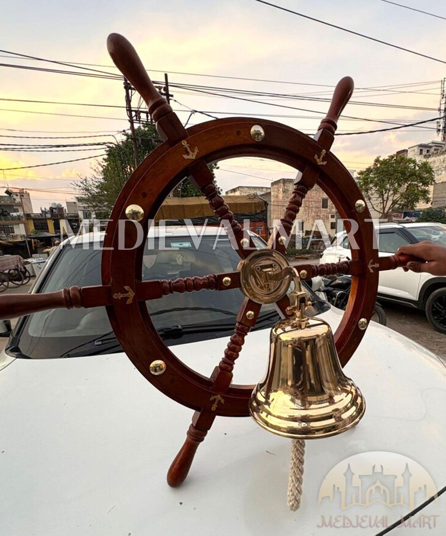 MEDIEVALMART Nautical Wooden "Brown" Ship Wheel With Brass Bell for Wall Decor