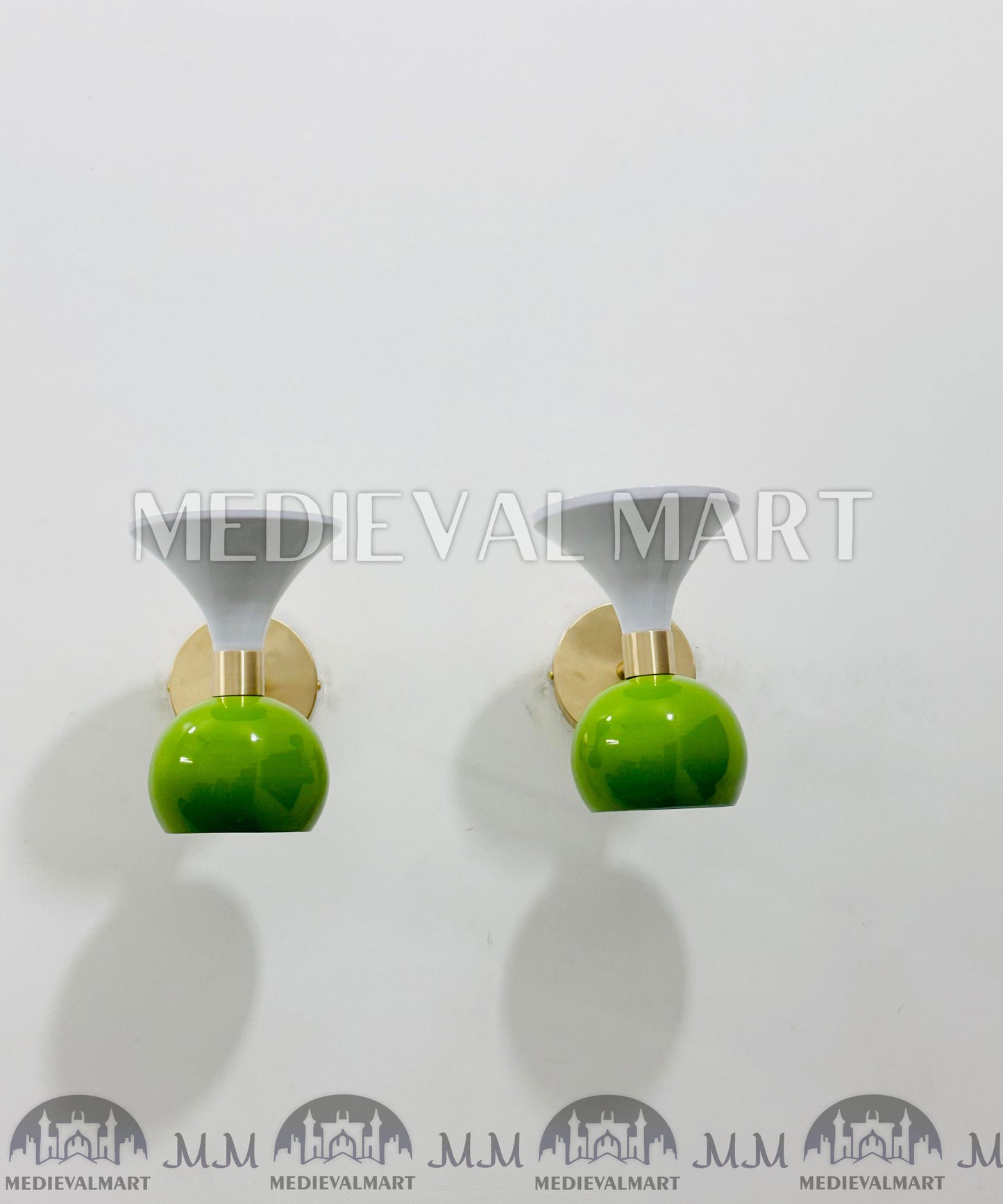 MEDIEVALMART Mid-Century Modern Brass Diabolo Wall Sconce - Green & White - Pair