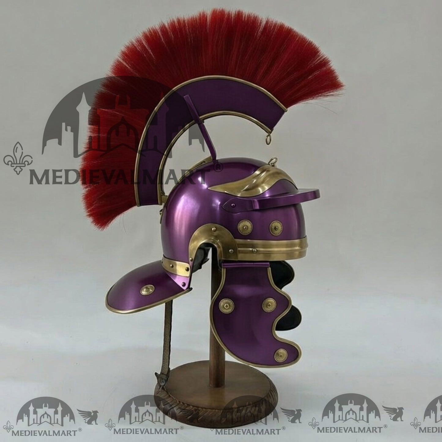 MEDIEVALMART Gallic Roman Centurion Purple Finish Helmet Replica Red Plume with Free Stand