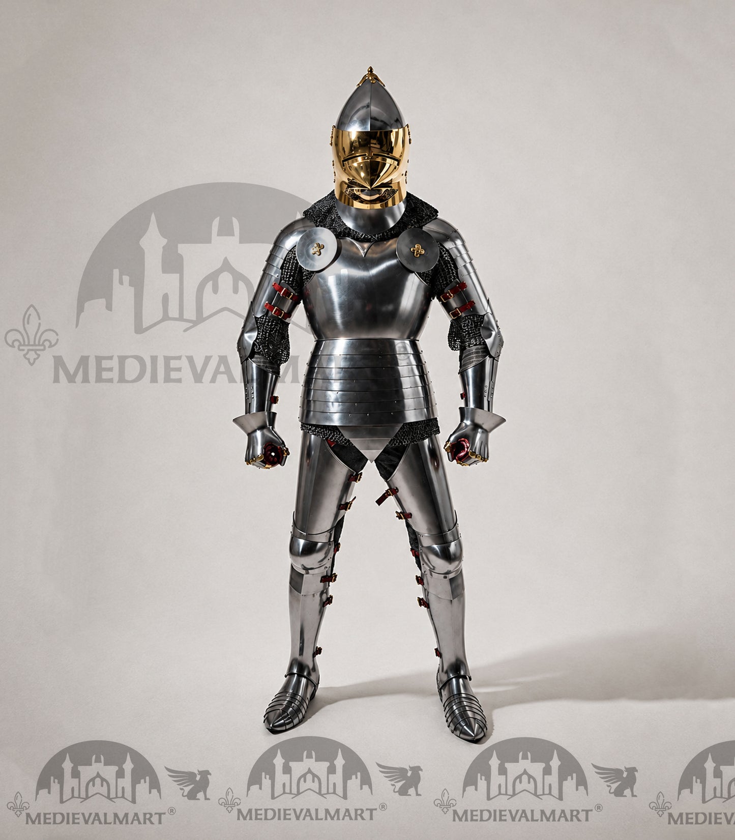 MEDIEVALMART 15th-Century English knight Warrior Gothic Plate Armor Costume W/H Gold Face Hounskull Helmet