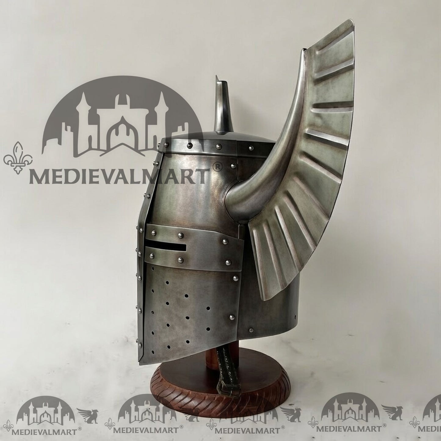 MEDIEVALMART Medieval Templar Warrior Teutonic Antique Silver Finish Wing Helmet with Free Stand