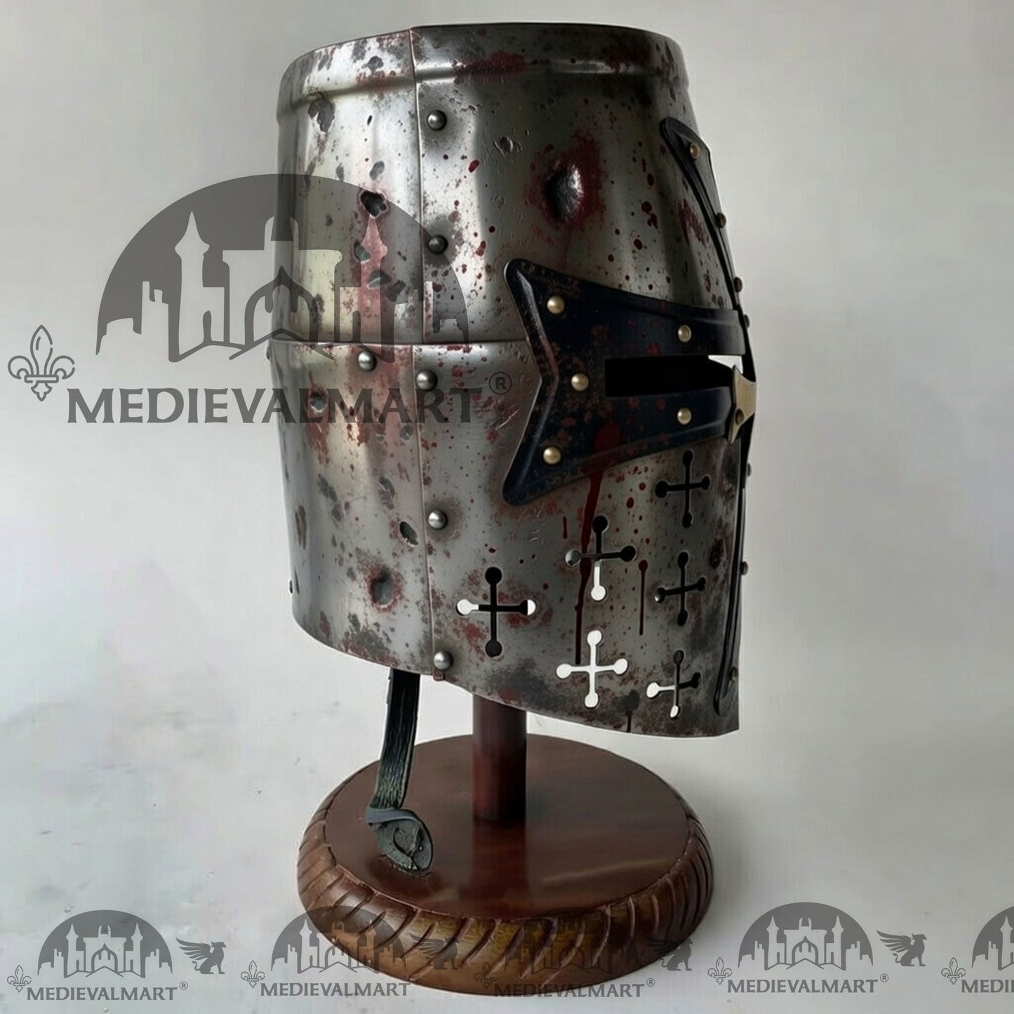 MEDIEVALMART Special Templar Crusader Knight Damage Silver W/H Blood Finish Helmet W/H Free Stand