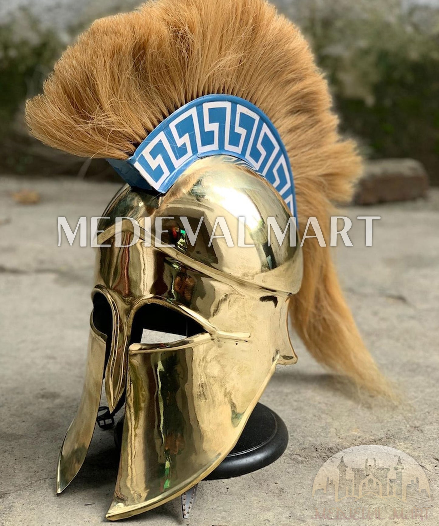 MEDIEVALMART "7th Cen BCE" Greek Corinthian Shiny Brass Finish Full Size Royal Helmet W/H Plume or Free Stand | Greek Props