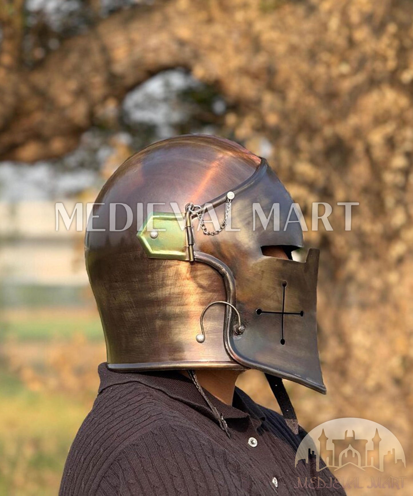 MEDIEVALMART Medieval Knight Armor 18g Mild Steel Burnished Antique Finish Barbuta Helmet for LARP or Cosplay - Gift For Dad