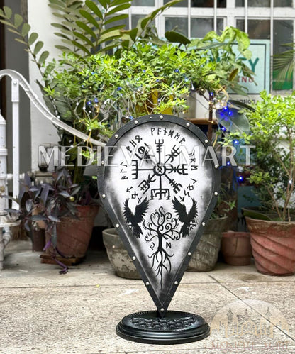 MEDIEVALMART Norse Vegvisir Viking Wooden Shield W/H Ravens & Yggdrasil | Gift for Dad