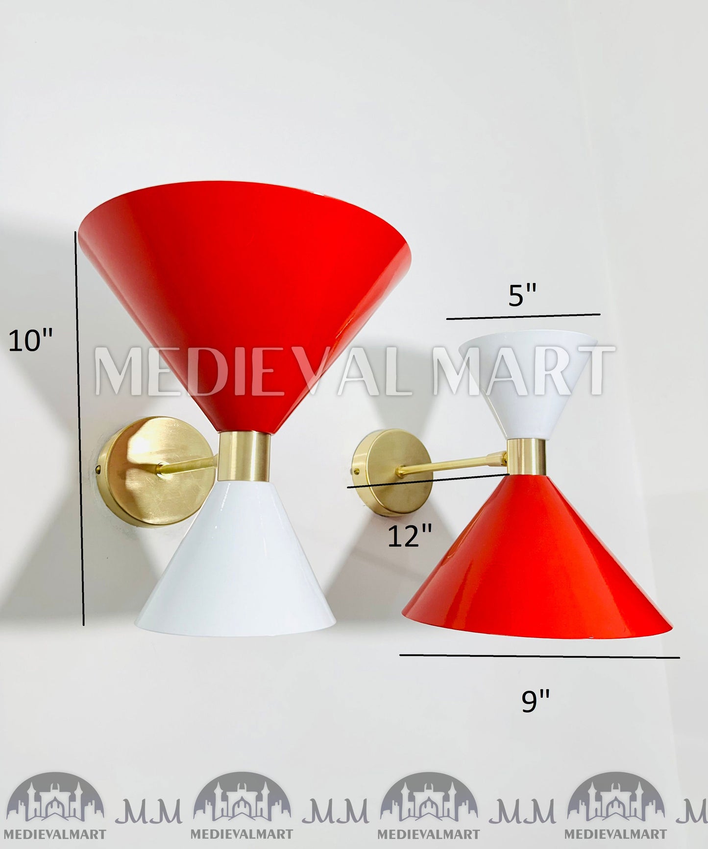 MEDIEVALMART 1950s Mid Century Italian Diabolo Wall Sconce Pair: Red & White Lighting Decor