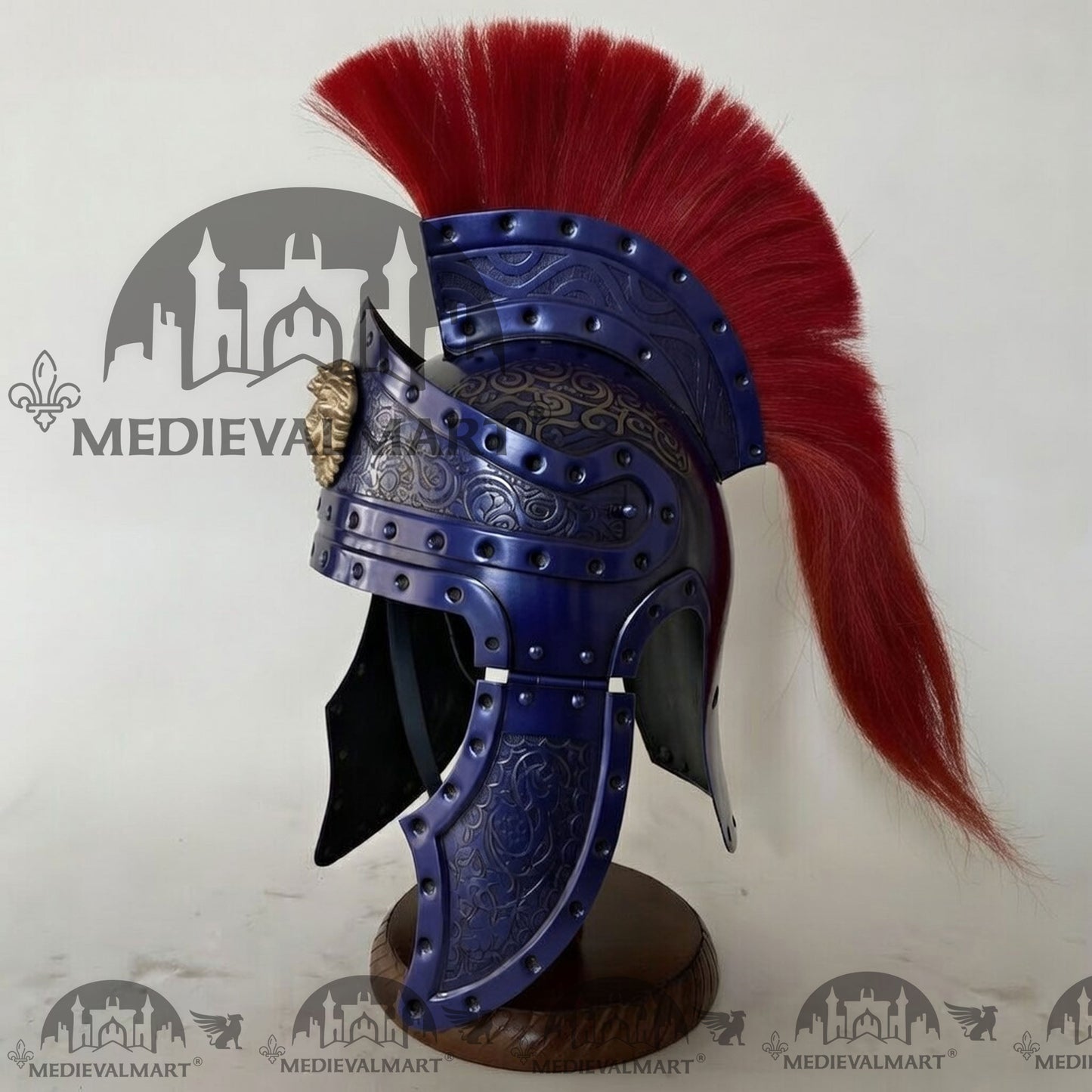MEDIEVALMART Medieval Roman Centurion Blue Finish Helmet with Red Plume or Free Wooden Stand