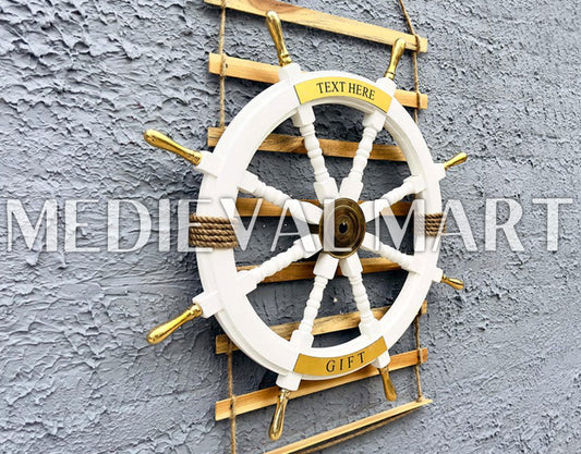 MEDIEVALMART Nautical Brass Decoration Wooden Ship Wheel White Finish - Personal Engraving Marine Wall Decor
