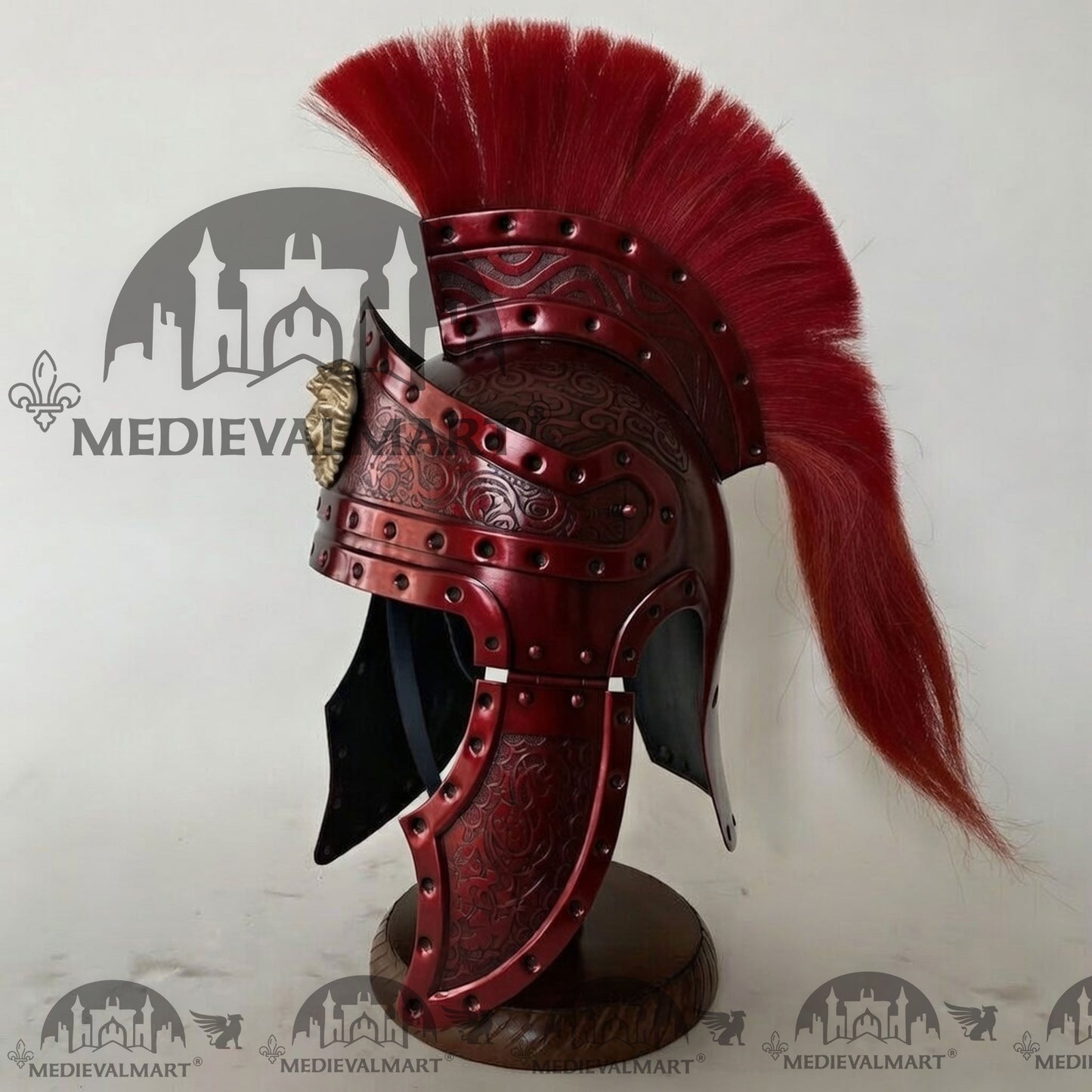 MEDIEVALMART Medieval Roman Centurion Maroon Red Finish Helmet with Red Plume or Free Wooden Stand