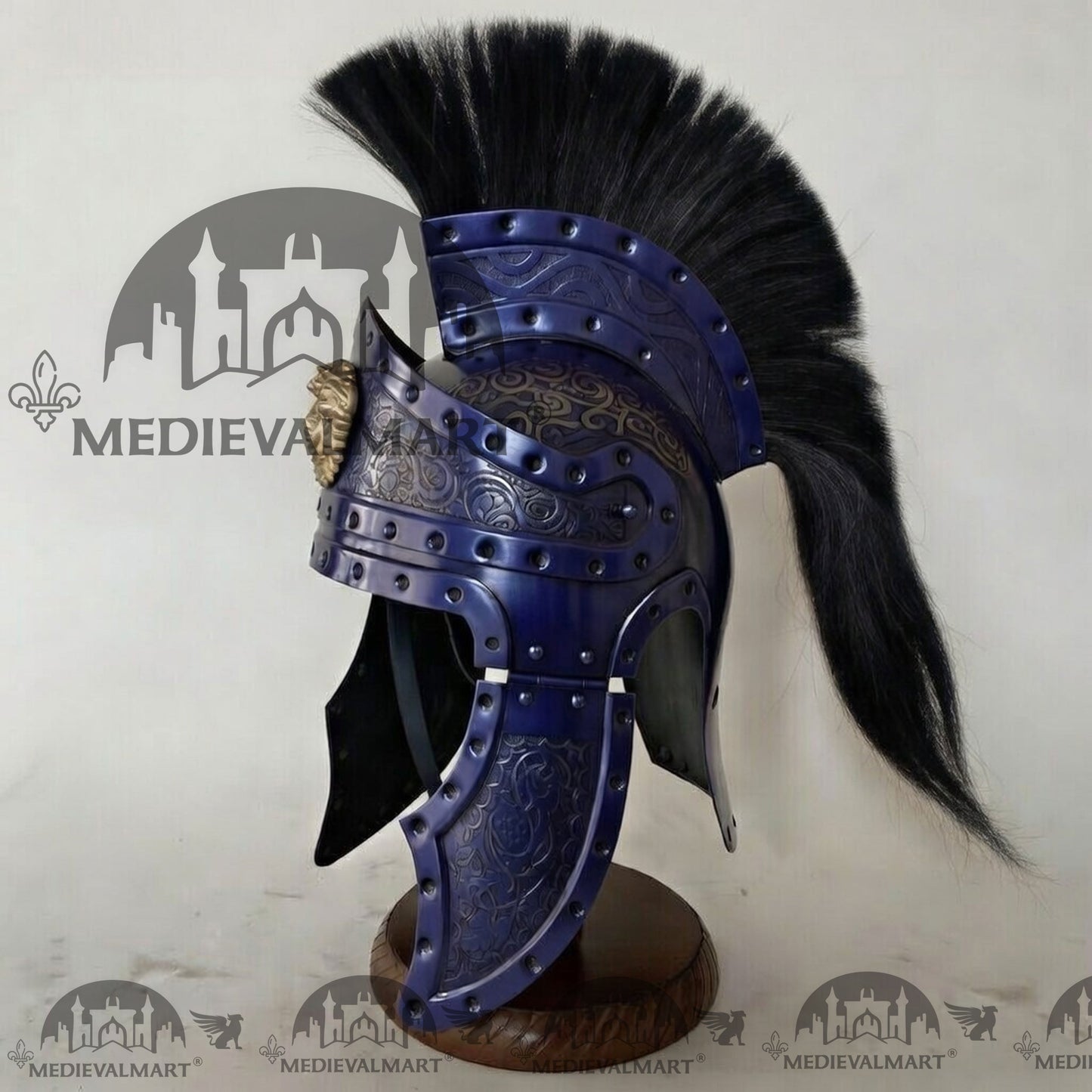 MEDIEVALMART Medieval Roman Centurion Blue Finish Helmet with Black Plume or Free Wooden Stand