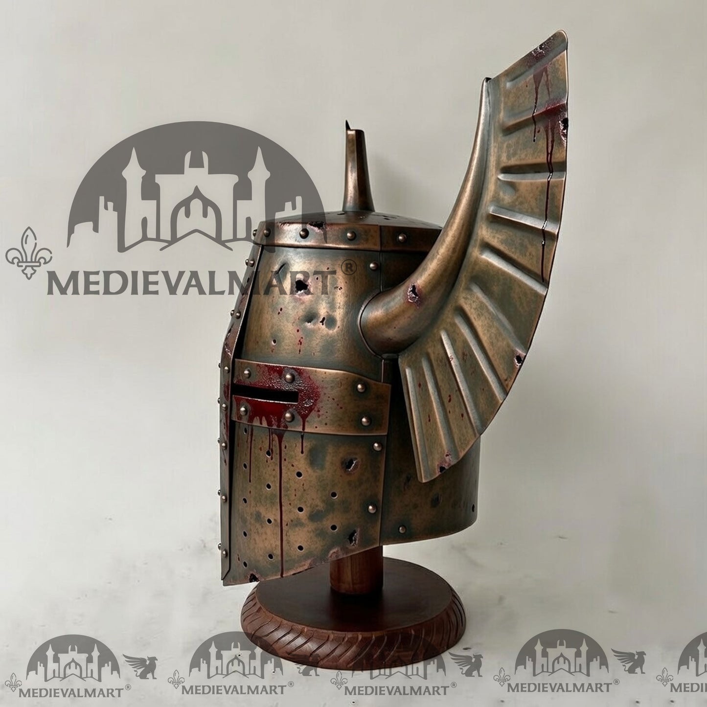 MEDIEVALMART Medieval Templar Warrior Teutonic Damage Copper W/H Blood Finish Wing Helmet with Free Stand