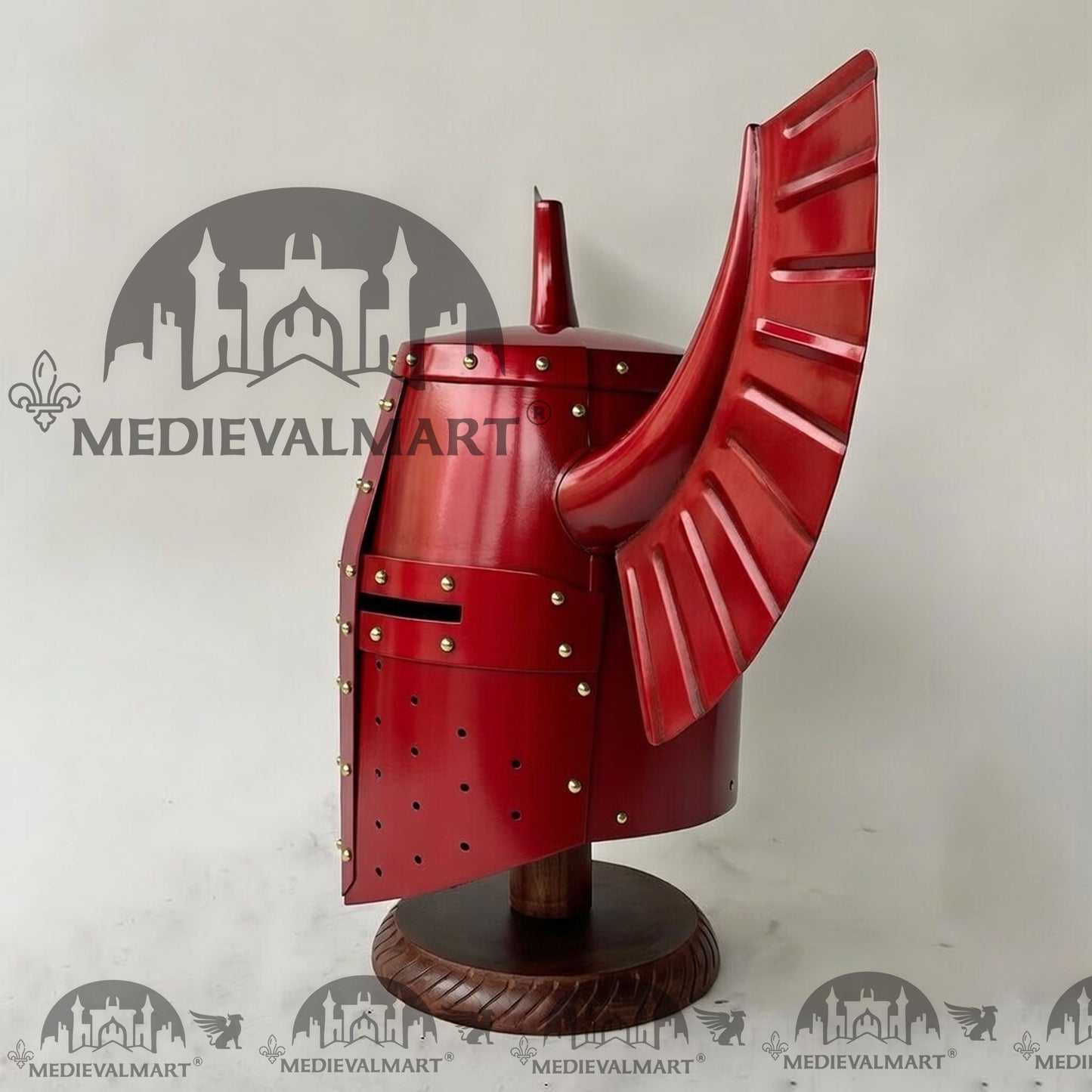 MEDIEVALMART Medieval Templar Warrior Teutonic Antique Red W/H Gold Rivets Wing Helmet with Free Stand