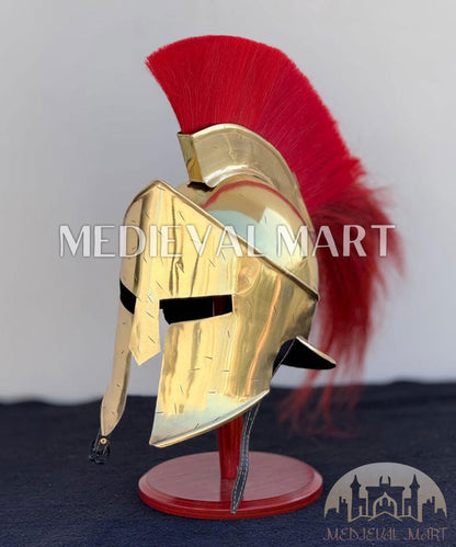 MEDIEVALMART "300" Spartan King Leonidas Shiny Brass Helmet W/H Free Stand | 300 Props