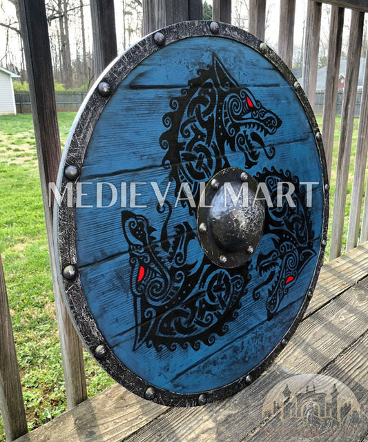 MEDIEVALMART Viking's Fenrir Blue Athena’s Authentic Battleworn Viking Wooden Shield | Gifts For Dad