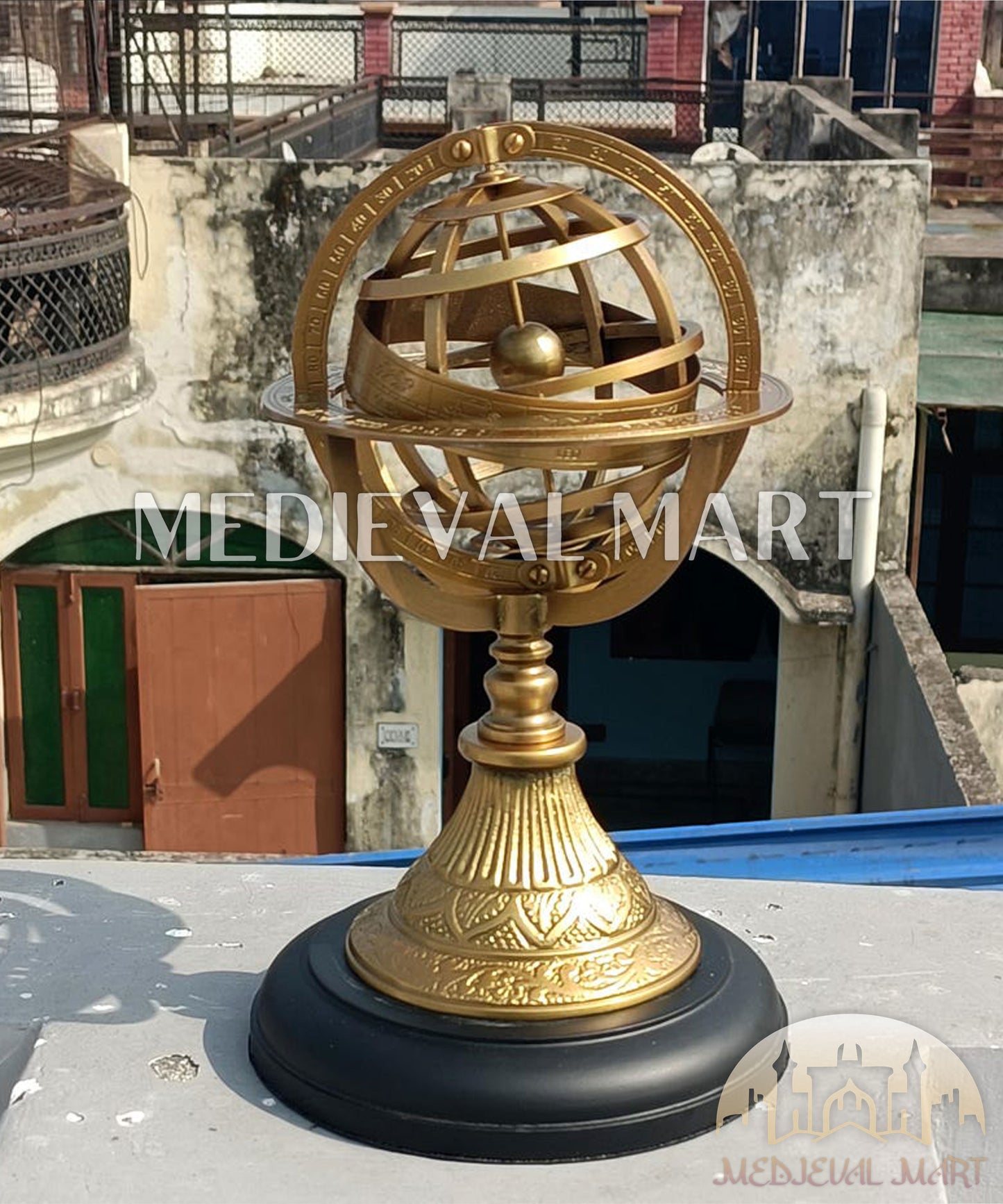 MEDIEVALMART Handmade Engraved Brass Armillary Sphere with Wooden Base – Nautical Globe Decor