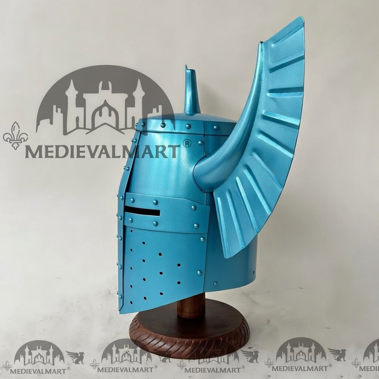 MEDIEVALMART Medieval Templar Warrior Teutonic Aqua Blue Finish Wing Helmet with Free Stand
