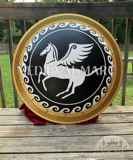 MEDIEVALMART Iconic Pegasus Ancient Greek Hoplite Battleworn Metal/Brass Shield | Gifts For Dad