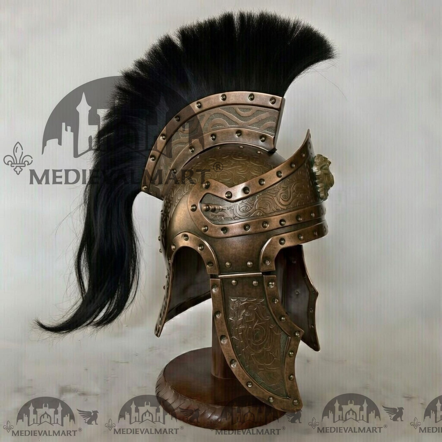 MEDIEVALMART Medieval Roman Centurion Antique Bronze Finish Helmet with Black Plume or Free Wooden Stand
