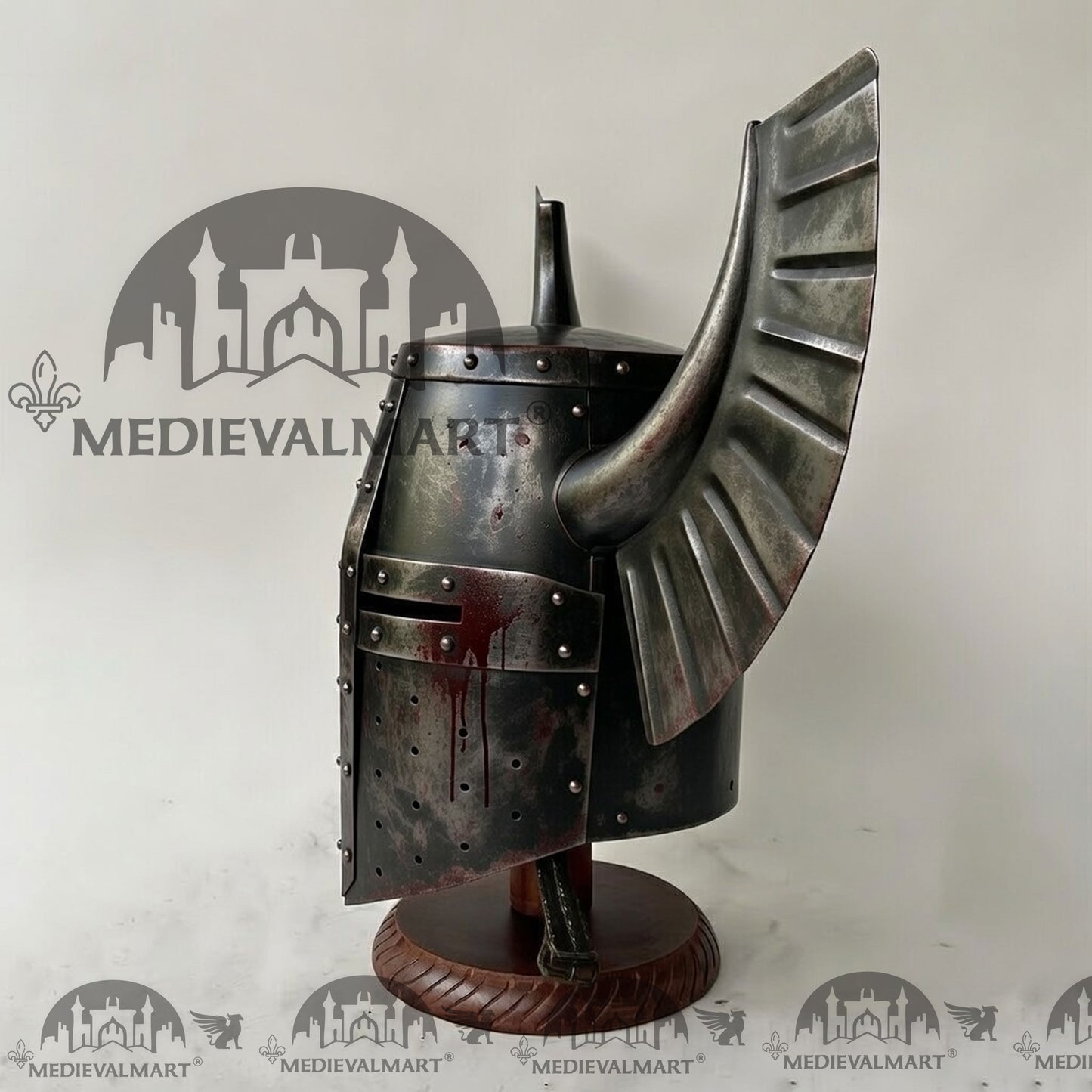MEDIEVALMART Medieval Templar Warrior Teutonic Damage Black W/H Blood Finish Wing Helmet with Free Stand