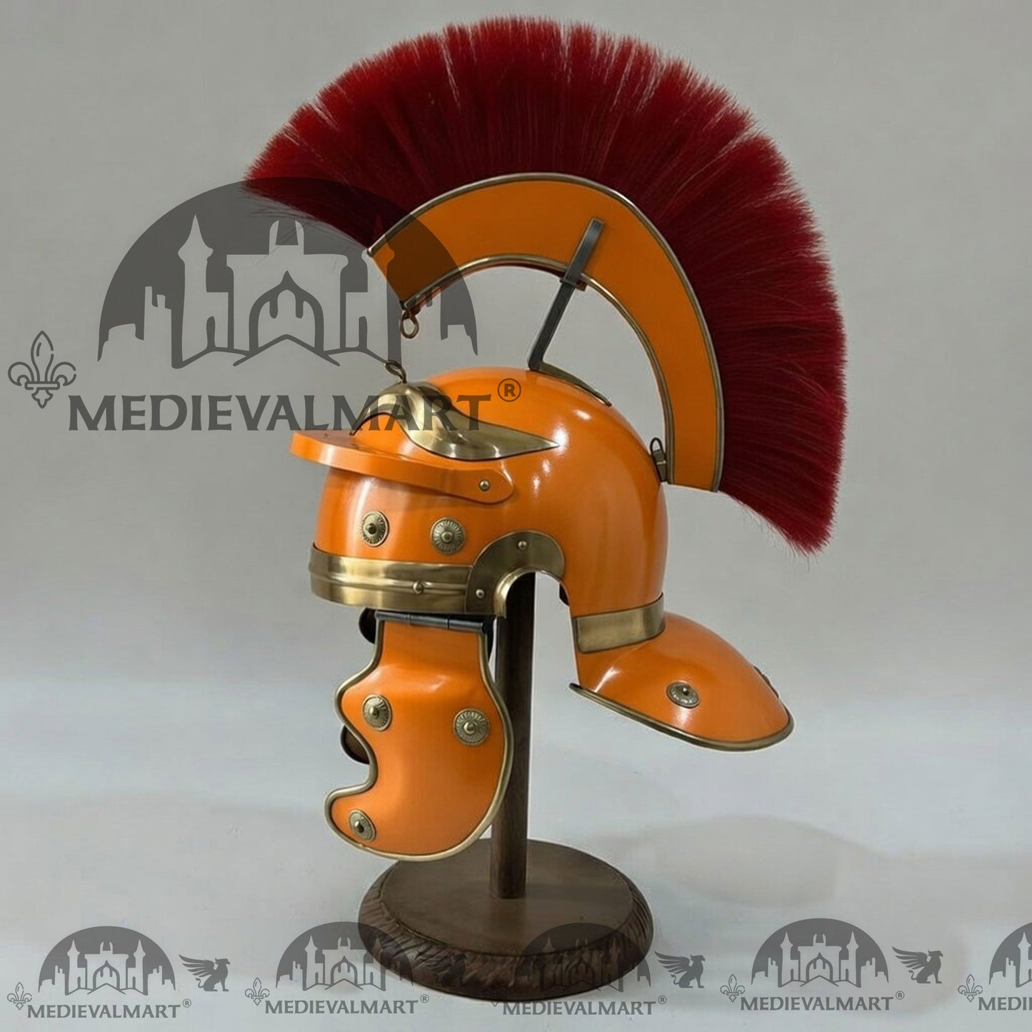 MEDIEVALMART Gallic Roman Centurion Orange Finish Helmet Replica Red Plume with Free Stand