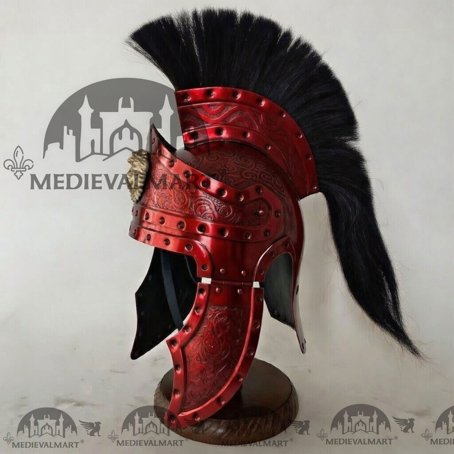 MEDIEVALMART Medieval Roman Centurion Red Finish Helmet with Black Plume or Free Wooden Stand