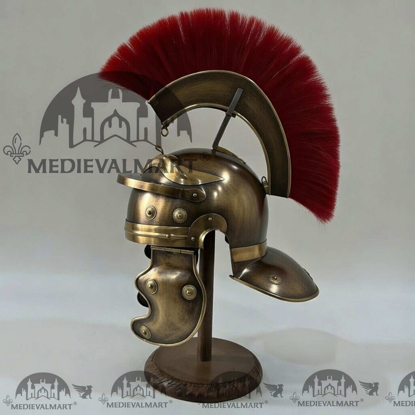 MEDIEVALMART Gallic Roman Centurion Antique Gold Finish Helmet Replica Red Plume with Free Stand
