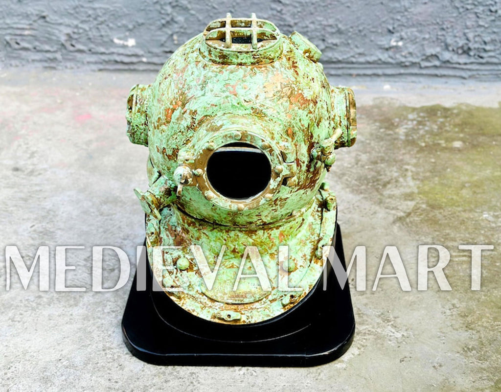 MEDIEVALMART Rusty Lite Green Diving Helmet With Wooden Base