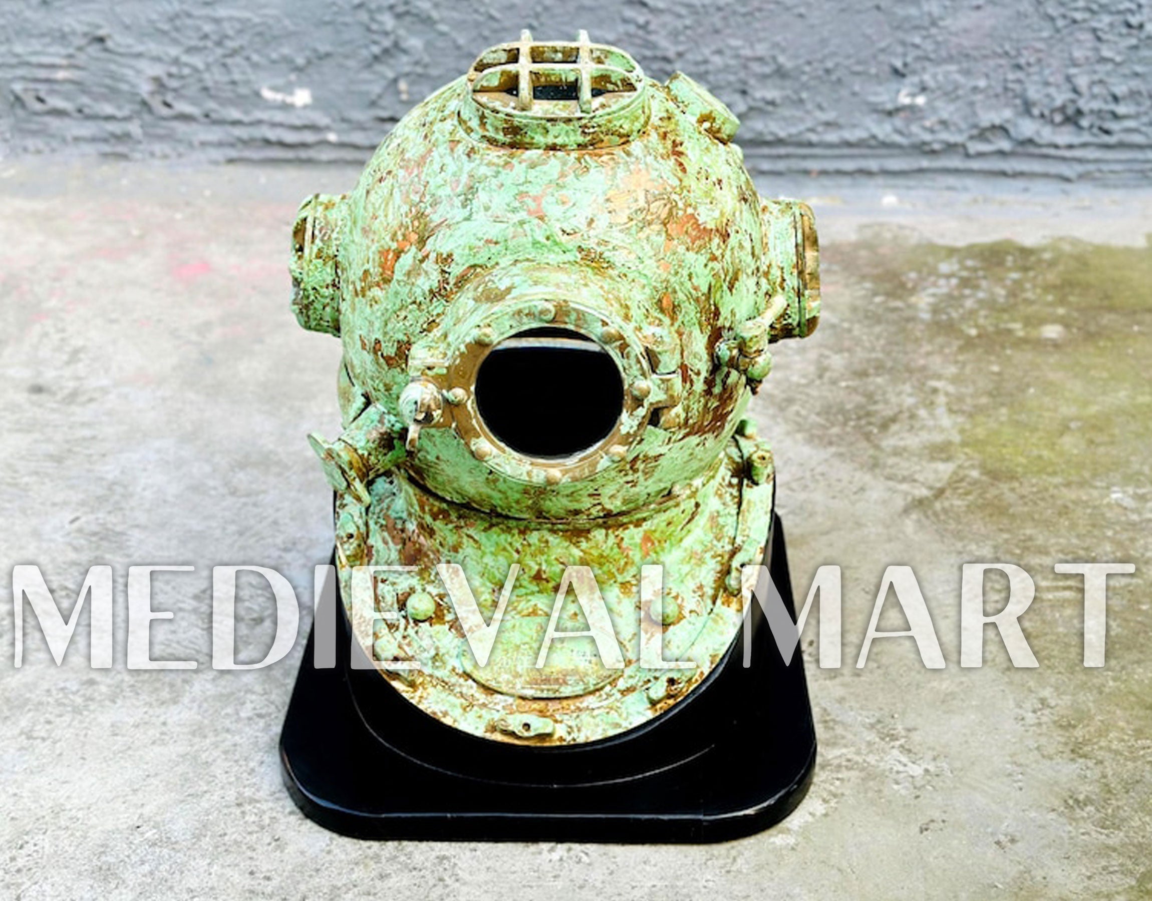 MEDIEVALMART Rusty Lite Green Diving Helmet With Wooden Base