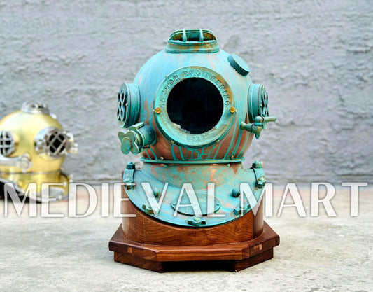 MEDIEVALMART Rusty Green Diving Helmet With Wooden Base