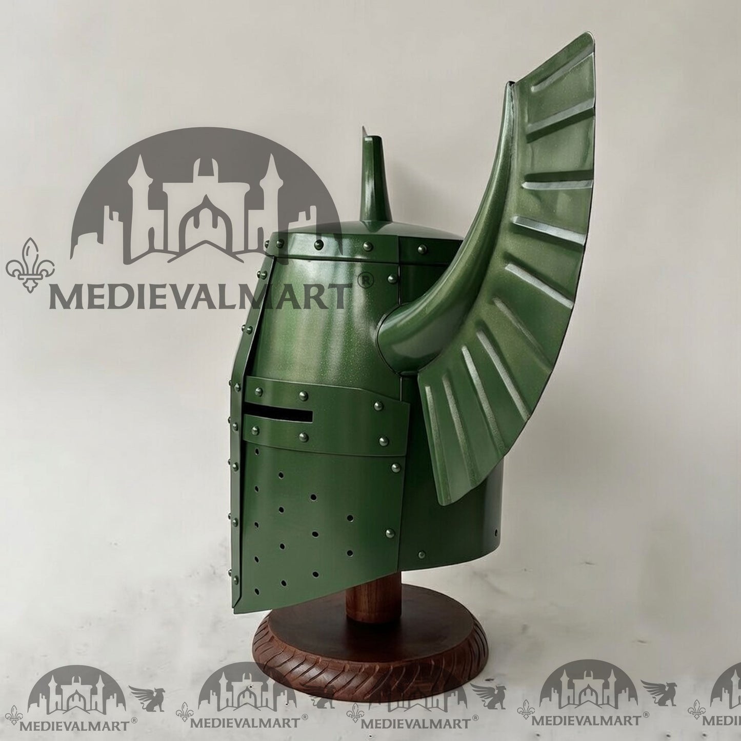 MEDIEVALMART Medieval Templar Warrior Teutonic Jade Green Finish Wing Helmet with Free Stand
