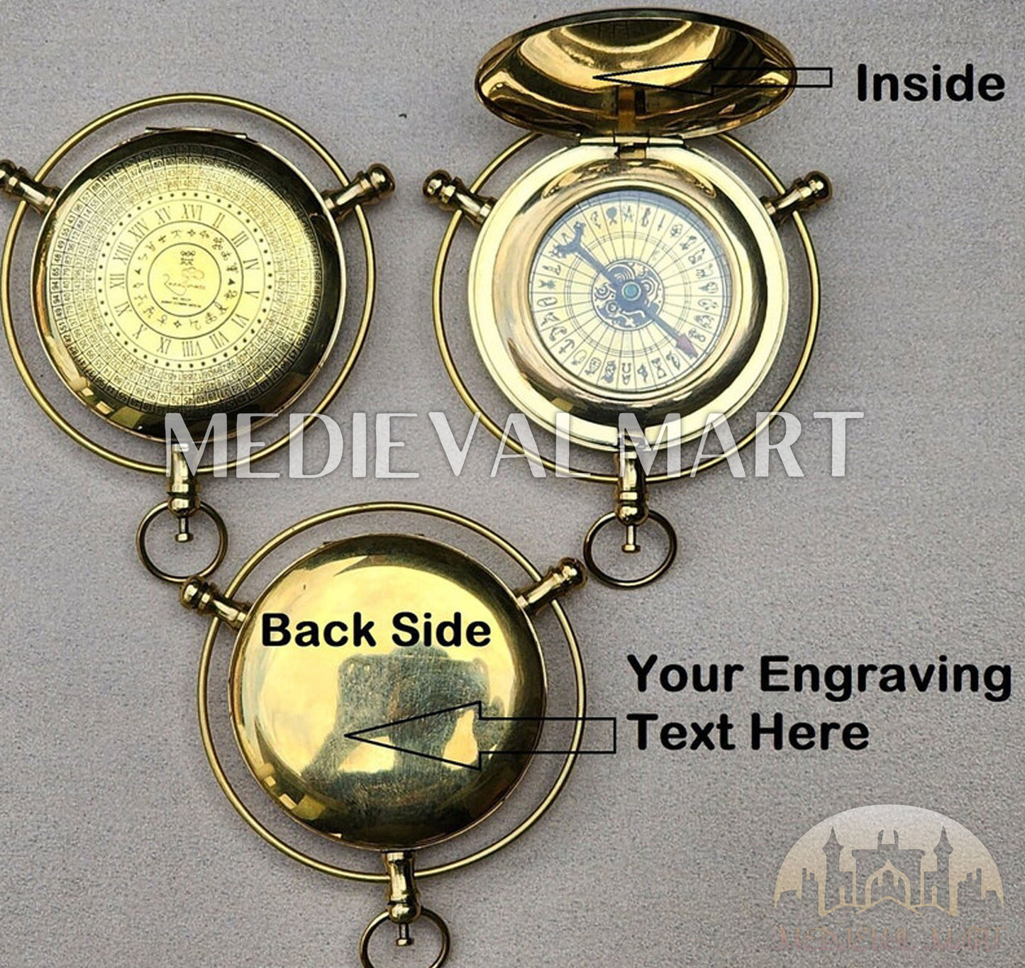 MEDIEVALMART Alethiometer Inspired Engraved Brass Pocket Compass Gold Finish W/H Leather Case | Gift For Mom, Dad