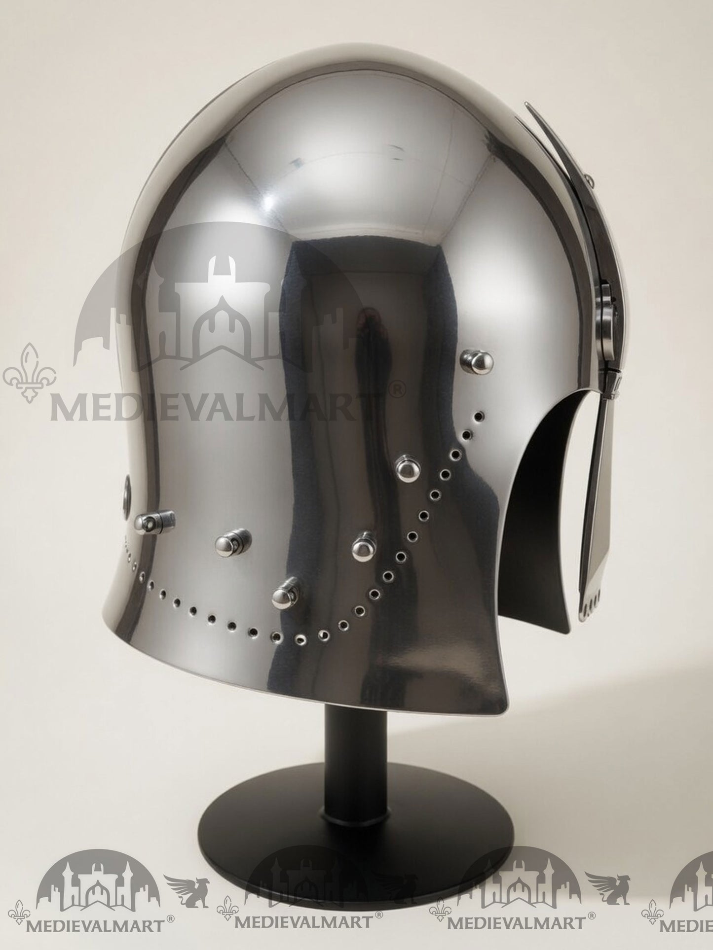 MEDIEVALMART Medieval Great Bascinet Helmet – Polished Steel Knight Helmet for Reenactment & LARP