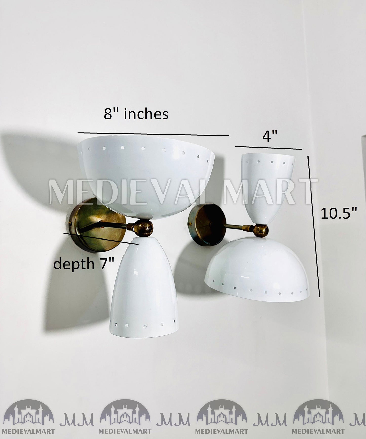 MEDIEVALMART Raw Brass Italian Mid Century Wall Sconces, White Bowl Lighting Pair